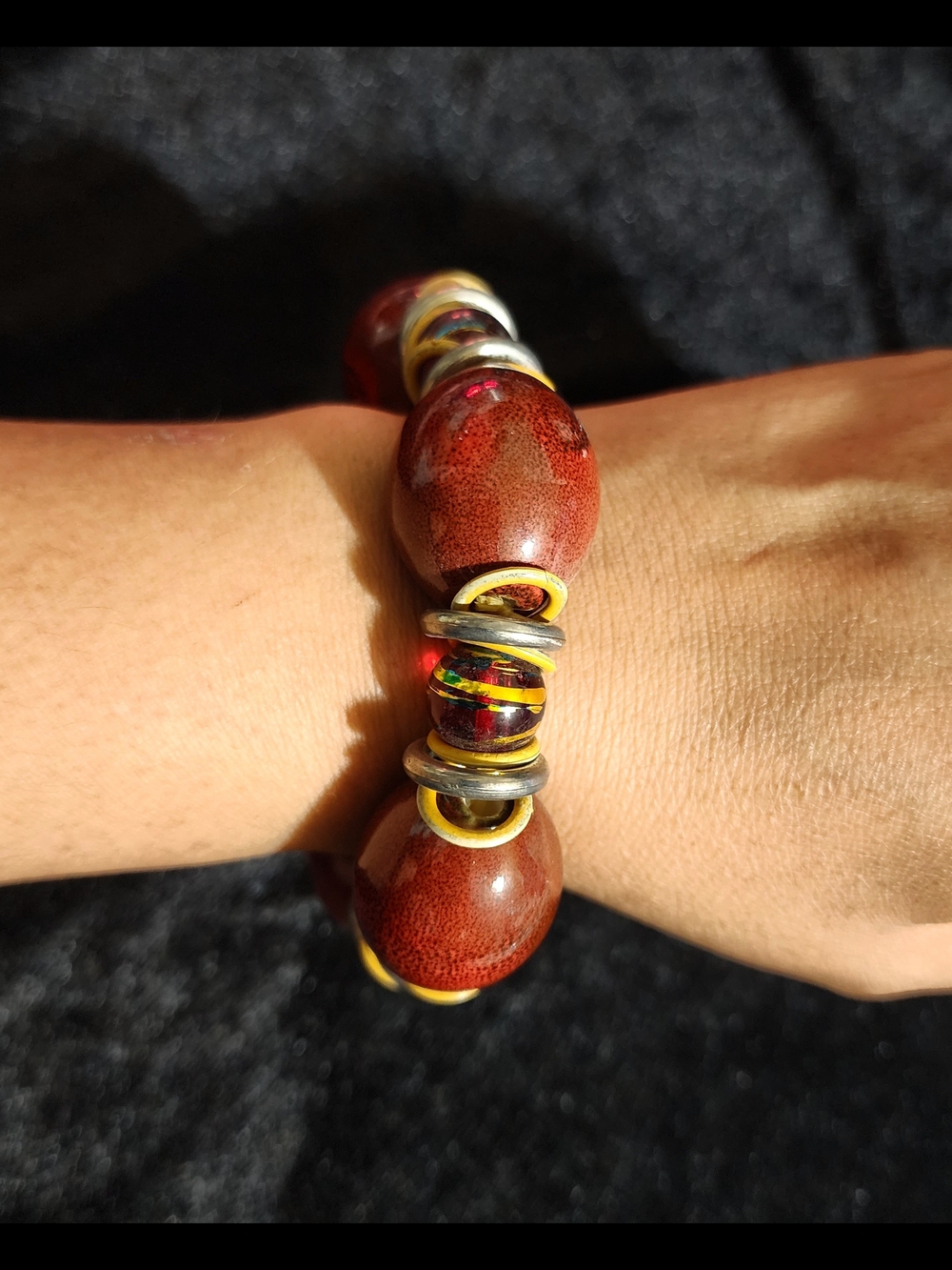 Handmade Red Bead Bracelet with Accent Rings
